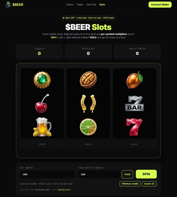 A screenshot of a "$BEER Slots" online gambling website displaying three reels with symbols like cherries, a beer mug, lime, and sevens, with credits showing 0.