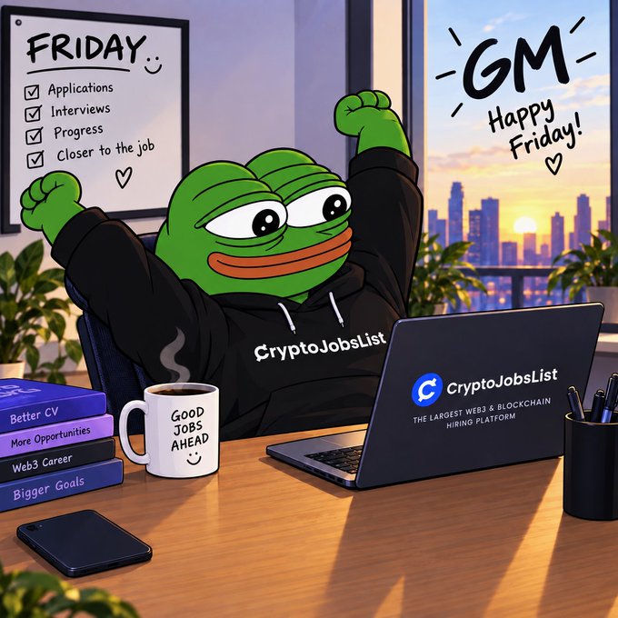 An enthusiastic Pepe the Frog, wearing a "CryptoJobsList" hoodie, celebrates at his desk on a Friday morning with arms raised in excitement. The scene includes a to-do checklist (Applications, Interviews, Progress, Closer to the job), a coffee mug reading "GOOD JOBS AHEAD," books about Web3 opportunities, and a laptop displaying "CryptoJobsList – The Largest Web3 & Blockchain Hiring Platform," with a "GM Happy Friday!" sky in the background—perfectly capturing the optimistic, opportunity-driven spirit of the post.