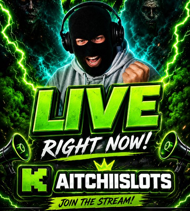 A promotional graphic for a live stream by HITCHIISLOTS featuring a masked person in a grey hoodie with green lightning effects, bold text reading 'LIVE RIGHT NOW!' and 'JOIN THE STREAM!'.