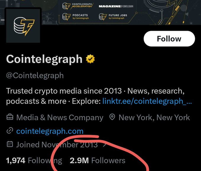 The image shows the Cointelegraph Twitter/X profile (@Cointelegraph), a verified crypto media account based in New York with 2.9M followers, highlighted by a red circle around the follower count. The image relates to the accompanying post by showcasing a major crypto news outlet's social media presence alongside the $LUNC and #GreenpeaceUNITED tags.