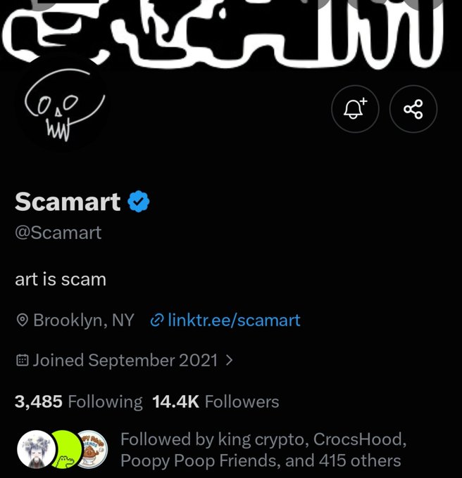 A screenshot of a Twitter/X profile for the verified account "Scamart" (@Scamart) with the bio "art is scam," based in Brooklyn, NY, with 14.4K followers and joined September 2021.