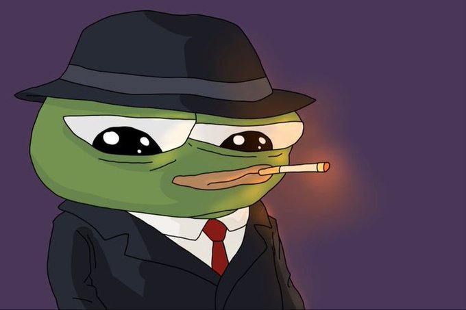 A digital illustration of a Pepe the Frog character dressed in a black suit, fedora, and red tie, smoking a cigarette against a purple background.