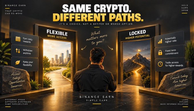 A man stands at a crossroads choosing between two paths: "FLEXIBLE" (offering more access with daily rewards, anytime withdrawals, and flexibility) and "LOCKED" (offering higher potential with fixed-term commitments and potentially higher rates) in a Binance Earn promotional graphic emphasizing "SAME CRYPTO. DIFFERENT PATHS." The image visually represents the post's message about how the same cryptocurrency holdings can lead to different earning strategies based on individual needs.