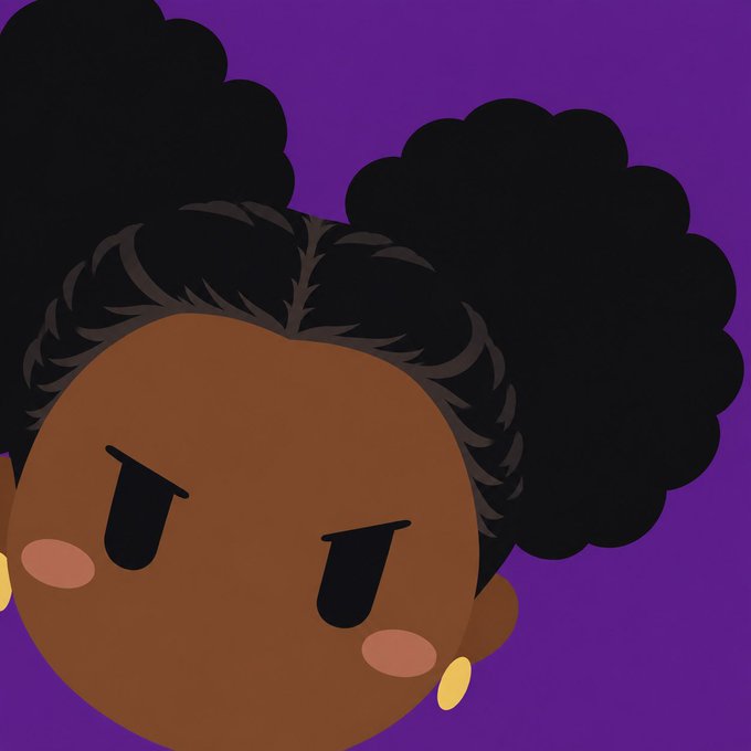 Digital illustration of a cute cartoon character with dark brown skin, puffy black hair in two buns, and a sad expression against a purple background.