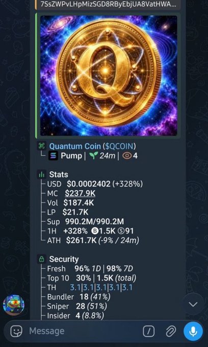 A Telegram post showing stats for 'Quantum Coin ($QCOIN)' indicating a pump with +328% gains, $0.0002402 price, and $237.9K market cap.