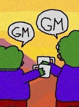 Two cartoon figures toast with mugs while both speech bubbles display "GM," matching the post's "GMGM everyone Happy Sunday" greeting in crypto/X community slang for "good morning."