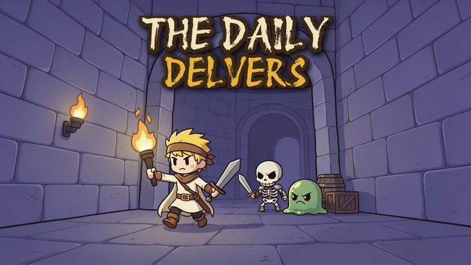The image is promotional art for "The Daily Delvers," featuring a cartoon adventurer holding a torch and sword facing a skeleton and green slime in a dungeon, with the game's title displayed prominently. It visually represents the idle dungeon crawler RPG launch highlighted in the post, showcasing its whimsical dungeon-crawling gameplay on Google Play and in browsers.