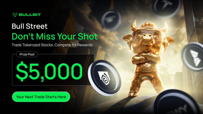A promotional graphic for 'BullBit Bull Street' advertising 'Don't Miss Your Shot' to trade tokenized stocks with a $5,000 prize pool, featuring a golden bull character.