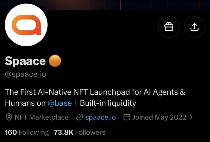 A Twitter/X profile for 'Spaace' (@spaace_io) describing itself as 'The First AI-Native NFT Launchpad for AI Agents & Humans on @base | Built-in liquidity', showing 160 Following and 73.8K Followers.