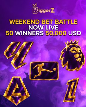 A promotional advertisement for BiggerZ's 'Weekend Bet Battle' featuring the text 'NOW LIVE 50 WINNERS 50,000 USD' alongside Premier League team logos (Watford, Liverpool, Manchester United, Leeds United) on a purple background.