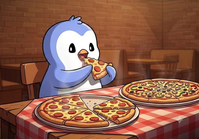 A cartoon illustration of a cute blue and white penguin character happily eating a slice of pepperoni pizza at a table covered with a red-checkered tablecloth, with two full pizzas also on the table.