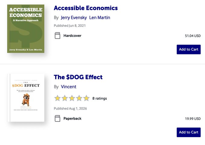 This image shows an online bookstore listing where "The $DOG Effect" by Vincent, a Paperback priced at 19.99 USD with 8 ratings, is displayed alongside "Accessible Economics" by Jerry Evensky and Len Martin. The post highlights that "The $DOG Effect" has become a #2 bestseller in Luludotcom's Business & Economics category and #35 overall, competing with other business titles.
