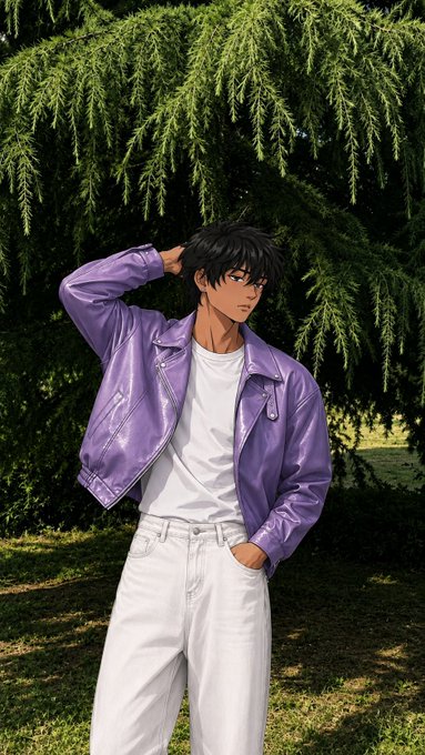 An anime-style illustration of a dark-haired young man wearing a purple leather jacket, white t-shirt, and white pants, standing in a park with his hands in his pockets.