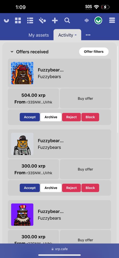 Screenshot of an NFT marketplace activity page showing multiple received offers for "Fuzzybears" NFTs at 504.00 XRP and 300.00 XRP, with Accept, Archive, Reject, and Block options for each offer. The image supports the post's excitement about finding an NFT seed phrase after 8 months, likely related to the $FUZZY/Fuzzybears collection receiving buy offers.