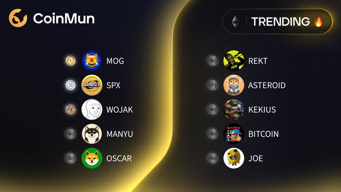 The image displays CoinMun's "TRENDING" leaderboard ranking the top 10 Ethereum-based tokens, with MOG at #1, SPX at #2, and WOJAK at #3, followed by MANYU, OSCAR, REKT, ASTEROID, KEKIUS, BITCOIN, and JOE. This visualizes the exact list of trending tokens and their corresponding Twitter handles highlighted in the accompanying post.