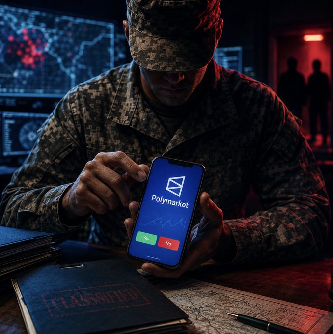 A U.S. servicemember in camouflage uniform examines the Polymarket app on a smartphone, with classified folders and a digital operations map in the background—visually echoing reports that the insider trading charges stem from allegedly exploiting confidential military information to profit on the prediction platform.