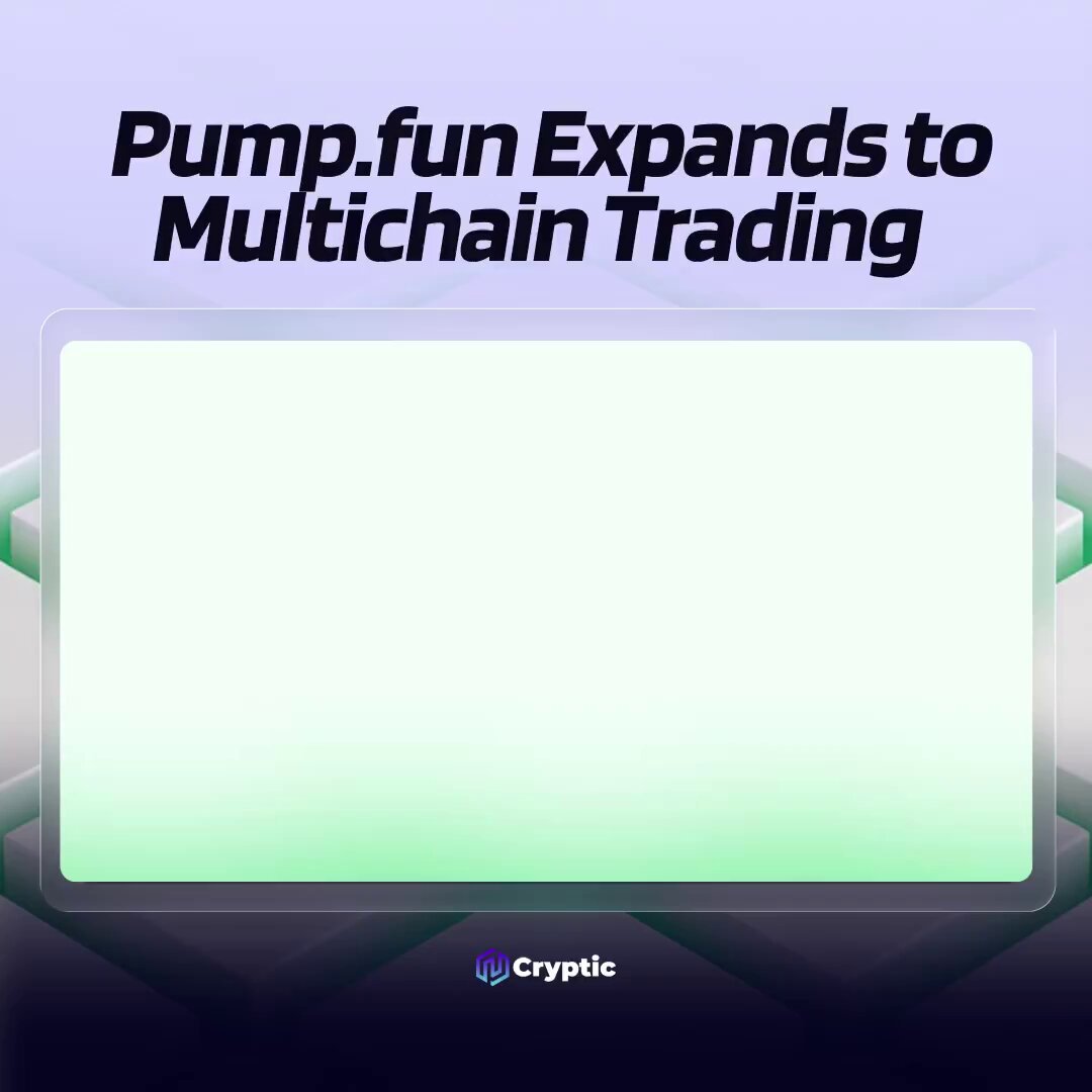The image features a white square with black text that reads "Pumpfun expands to multichain trading". The background of the image has a purple hue, and there are two green arrows pointing towards the bottom left corner of the image.