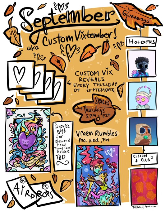 A hand-drawn autumn-themed promotional flyer titled "September aka Custom Vixtember" detailing giveaways including custom VIX reveals, holder perks, Space Tuesdays, Vixen Rumbles, and air drops.