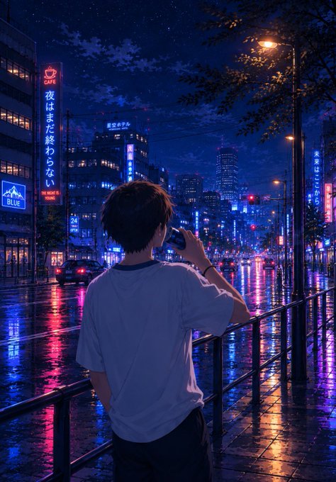 An anime-style illustration of a person with brown hair in a white shirt standing on a wet city street at night, holding a phone to their ear, with neon signs (including 'BLUE' and Japanese text '夜はまだ終わらない') reflecting on the rain-soaked pavement.