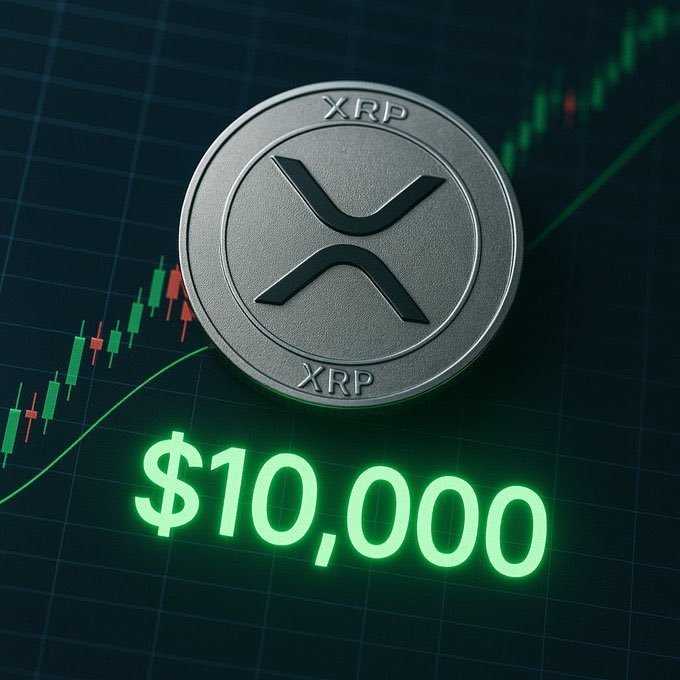 A 3D rendering of a metallic XRP cryptocurrency coin displayed over a green candlestick chart, with the text "$10,000" glowing in bright green below it.