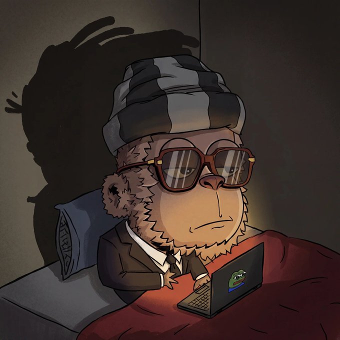 A cartoon illustration of a monkey wearing a striped beanie, sunglasses, and a suit, typing on a laptop with a crocodile logo while sitting on a bed.
