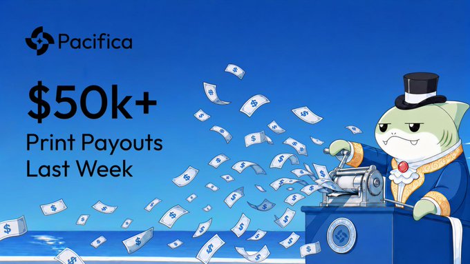 A promotional graphic from Pacifica featuring a shark mascot in a top hat and tuxedo operating a money-printing machine that spouts dollar bills, with text highlighting "$50k+ Print Payouts Last Week." The image visually reinforces the announcement of substantial print payouts, using the animated "money printing" metaphor to emphasize the high earnings delivered to users over the past week.
