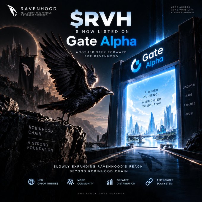 A promotional graphic announcing that $RVH (Ravenhood) is now listed on Gate Alpha, featuring a large raven perched on rocks overlooking a futuristic portal that displays a bright cityscape, with text highlighting 'A Wider Audience, A Brighter Tomorrow.'