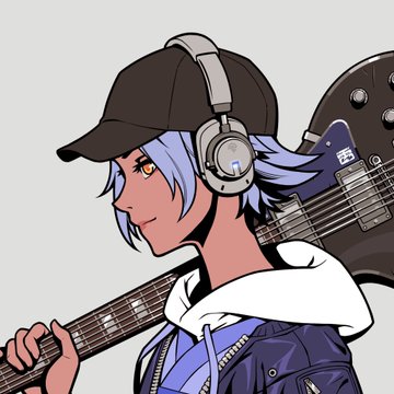 An anime-style illustration depicts a blue-haired character wearing a black cap and headphones, holding a black electric guitar against a gray background.