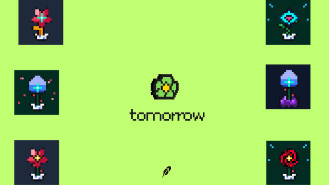 A pixel-art graphic on a bright green background shows a “tomorrow” logo surrounded by six flower icons, signaling the upcoming launch of **$FLEURHOOD** on **@gangswtf**.
