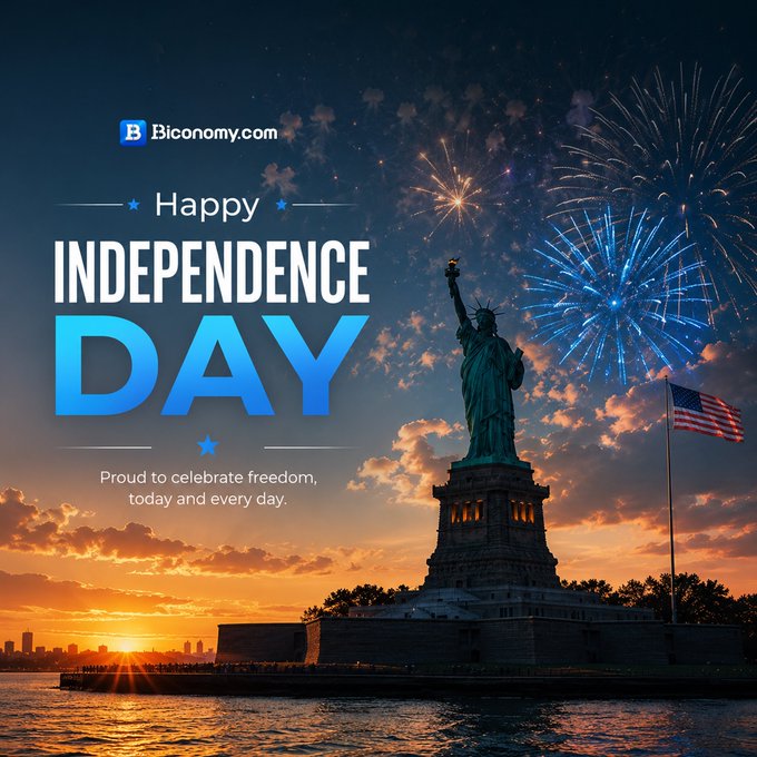 A promotional graphic for Biconomy.com celebrating Independence Day, featuring the Statue of Liberty against a sunset sky with fireworks and an American flag, with text reading "Happy Independence Day - Proud to celebrate freedom, today and every day."

The image ties into the post's US Independence Day greeting while the Biconomy.com branding and BTC price reference ($62,452) connect it to the cryptocurrency market commentary, symbolically linking American freedom with financial freedom in crypto.