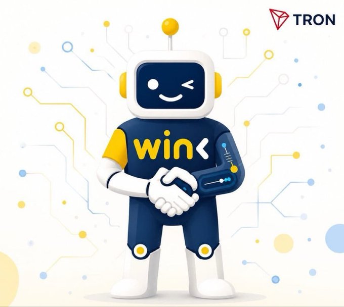 A friendly robot mascot wearing a blue jersey with 'win' stands against a white background with circuit patterns, branded with the TRON logo.
