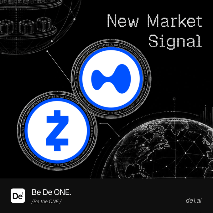A De1 (de1.ai) promotional image shows 'New Market Signal' with cryptocurrency-style coins representing Z and another token against a black background.
