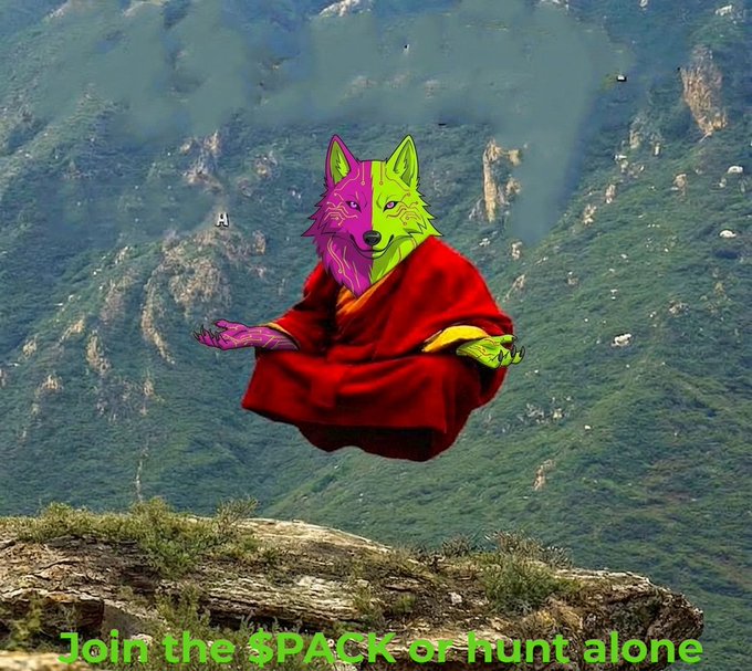 A vibrantly colored wolf with magenta and neon green fur levitates in meditation pose while draped in red robes, set against a backdrop of misty mountains. The image features the text "Join the $PACK or hunt alone" in bright green at the bottom, aligning with the post's call to join the $PACK crypto community now.