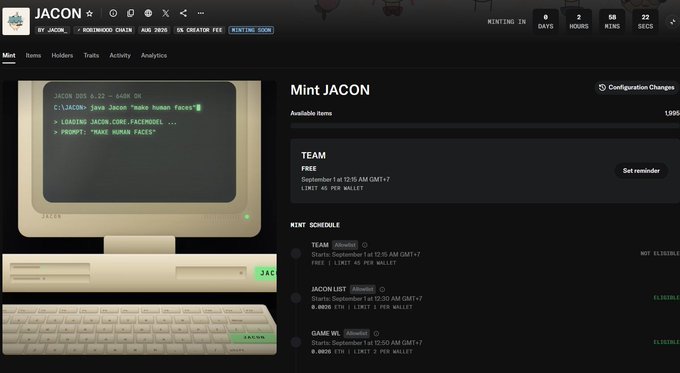A screenshot of a NFT minting webpage for 'JACON' by JACON_CUBE_FACTORY, displaying a 64-Bit JACON retro computer setup and mint schedule for TEAM, JACONLIST, and GIAMIWL collections.