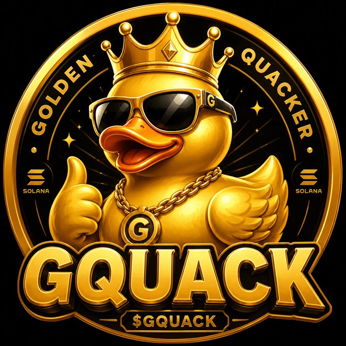 Golden coin-style logo for 'GOLDEN QUACKER' ($GQUACK) featuring a crowned duck wearing sunglasses on a Solana-themed black background.