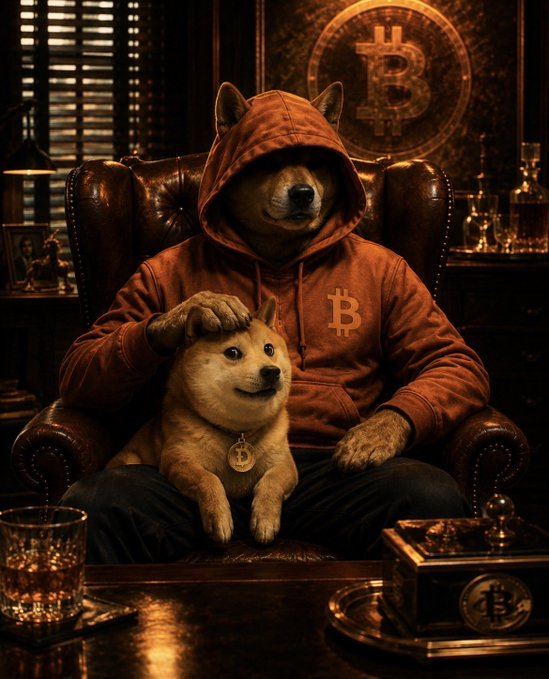 The image shows a Shiba Inu wearing a Bitcoin-branded brown hoodie sitting in a leather armchair while petting a smaller Shiba Inu wearing a Bitcoin medallion, with the Bitcoin logo displayed prominently on the wall behind them. The scene illustrates the post's message by visually merging Bitcoin's status as hardened digital currency with the Doge meme culture that emerged from its community, symbolizing the $DOG mascot that originated within crypto circles.