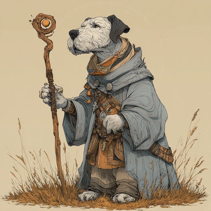 An illustration of an anthropomorphic white dog dressed as a robed wizard or cleric, holding a wooden staff in a grassy field.