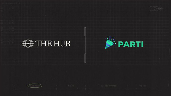The image features a black background with two logos side by side, one green and one white. The green logo represents "parti" while the white logo represents "the hub". Below these logos are descriptions of their partnership, stating that they have joined forces to create a new platform for predicting market trends using blockchain technology. This platform is designed to provide users with real-time information on market trends and help them make informed decisions about buying or selling assets. The image also includes text that reads "Focus on what is in the image and how it relates to the post".
