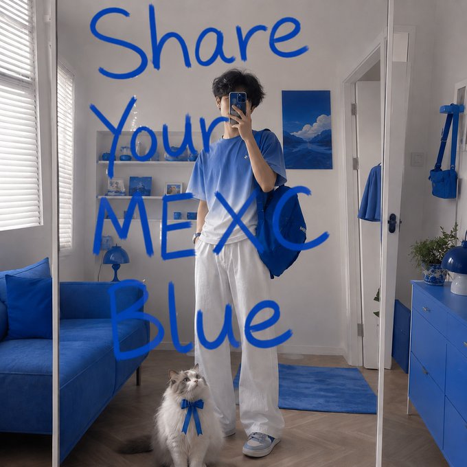 A person takes a mirror selfie in a blue-themed room, holding a phone while their white cat, adorned with a blue bow tie, sits at their feet. The mirror is decorated with the handwritten text "Share Your MEXC Blue," promoting a social media contest inviting users to showcase their own MEXC-inspired blue outfits for a chance to win $300 in $XAUT.