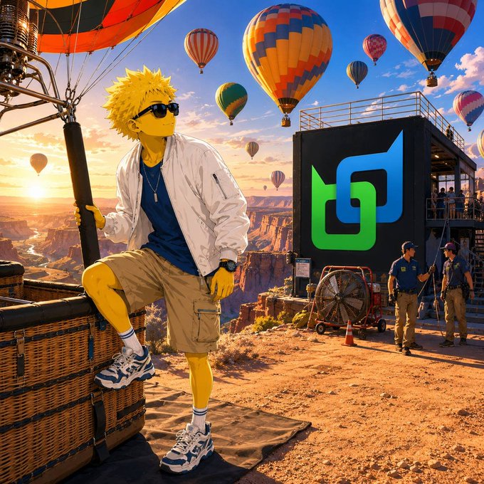 The image features a yellow anime-style character wearing sunglasses, a white jacket, and cargo shorts, standing in a basket near hot air balloons over a canyon landscape, with a large illuminated "bd" logo on a structure behind him and two workers in blue uniforms nearby. The scene visually represents the BeldexCoin (BD) brand, complementing the post's discussion about BelNet's evolving privacy features and granular firewall controls.