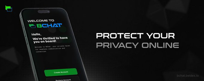 A promotional graphic for 'BCHAT' shows a smartphone displaying the welcome screen on the left, alongside the text 'PROTECT YOUR PRIVACY ONLINE' on a dark background.