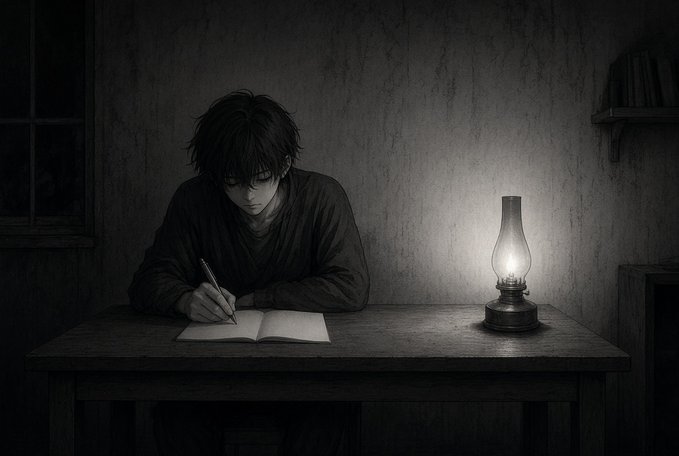 A solitary young figure hunches over a wooden table in a dimly shadowed room, illuminated only by the soft, warm glow of an oil lamp to their right. Dressed in dark, loose clothing, they intently write in an open journal with a pen, their messy hair falling forward as they focus on the page. The stark contrast between the surrounding darkness and the lamp's halo emphasizes a quiet, solitary atmosphere of late-night labor, visually embodying the idea that meaningful work often continues long after motivation has faded—when only discipline and the small flame of perseverance remain to light the way.