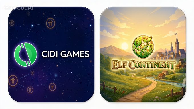 Two app icons displayed side by side: the left one labeled 'CIDI GAMES' with a green and white logo on a starry background, and the right one labeled 'ELF CONTINENT' featuring a fantasy landscape with a castle.