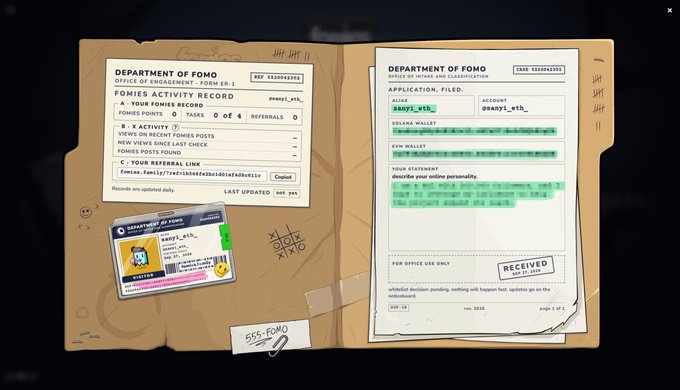 An open manila folder styled as a 'DEPARTMENT OF FOMO' file containing documents about 'FOMIES ACTIVITY RECORD' and 'APPLICATION' forms for 'savvy_eth', with sensitive information blurred out and an ID card visible.