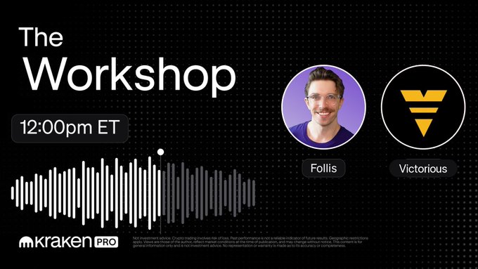 Promotional graphic for "The Workshop" podcast episode on Kraken Pro at 12:00pm ET, featuring hosts Follis and Victorious, with a sound wave visualization in the background. The image directly advertises the episode teased in the post, where Victorious discusses his systematic trading strategy focused on metrics like expectancy, win rate, and Sharpe ratio.