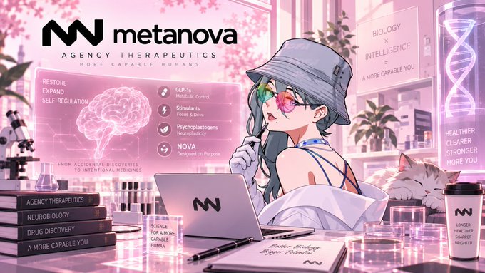 An anime-style promotional illustration for 'metanova AGENCY THERAPEUTICS' featuring a teal-haired character in a lab setting, highlighting supplements like GLP-1s, Stimulants, Psychoplastogens, and NOVA.
