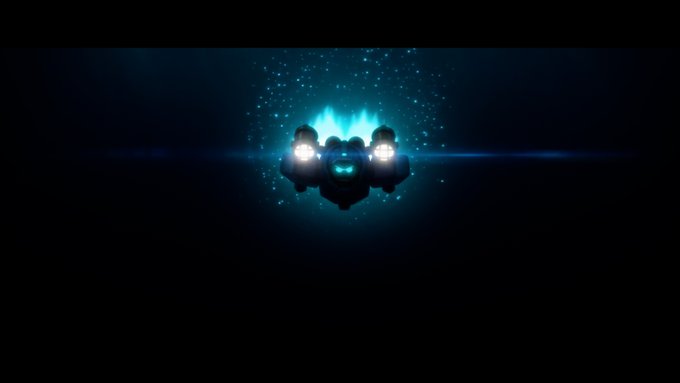 A dark, cinematic image of a spacecraft with glowing blue engines and bright white lights emerging from darkness, surrounded by small floating particles.