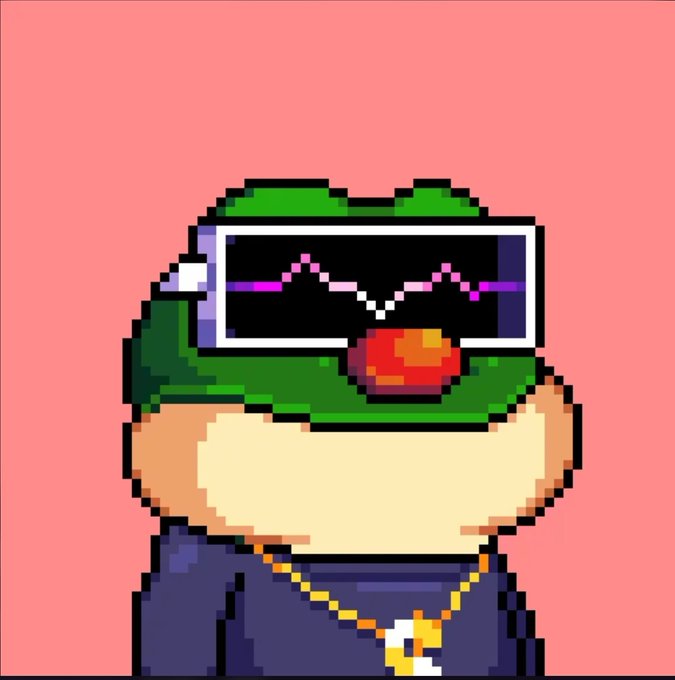 A pixel art frog wearing oversized VR goggles with a sound wave display and a gold "G" chain is shown against a pink background, fitting the "ribbit" reference with its frog imagery.