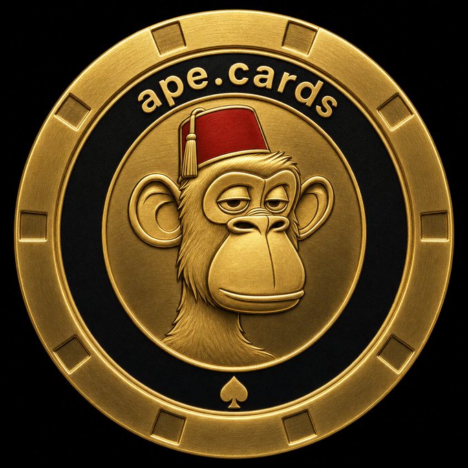 A gold coin or token featuring a monkey wearing a red fez, inscribed with 'ape.cards' and a spade symbol.