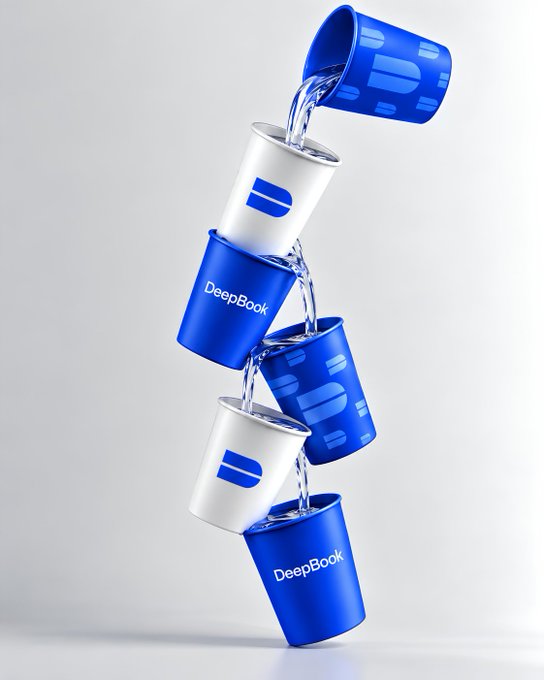 A dynamic product image showing water pouring through a stack of alternating blue and white cups branded with the 'DeepBook' logo.